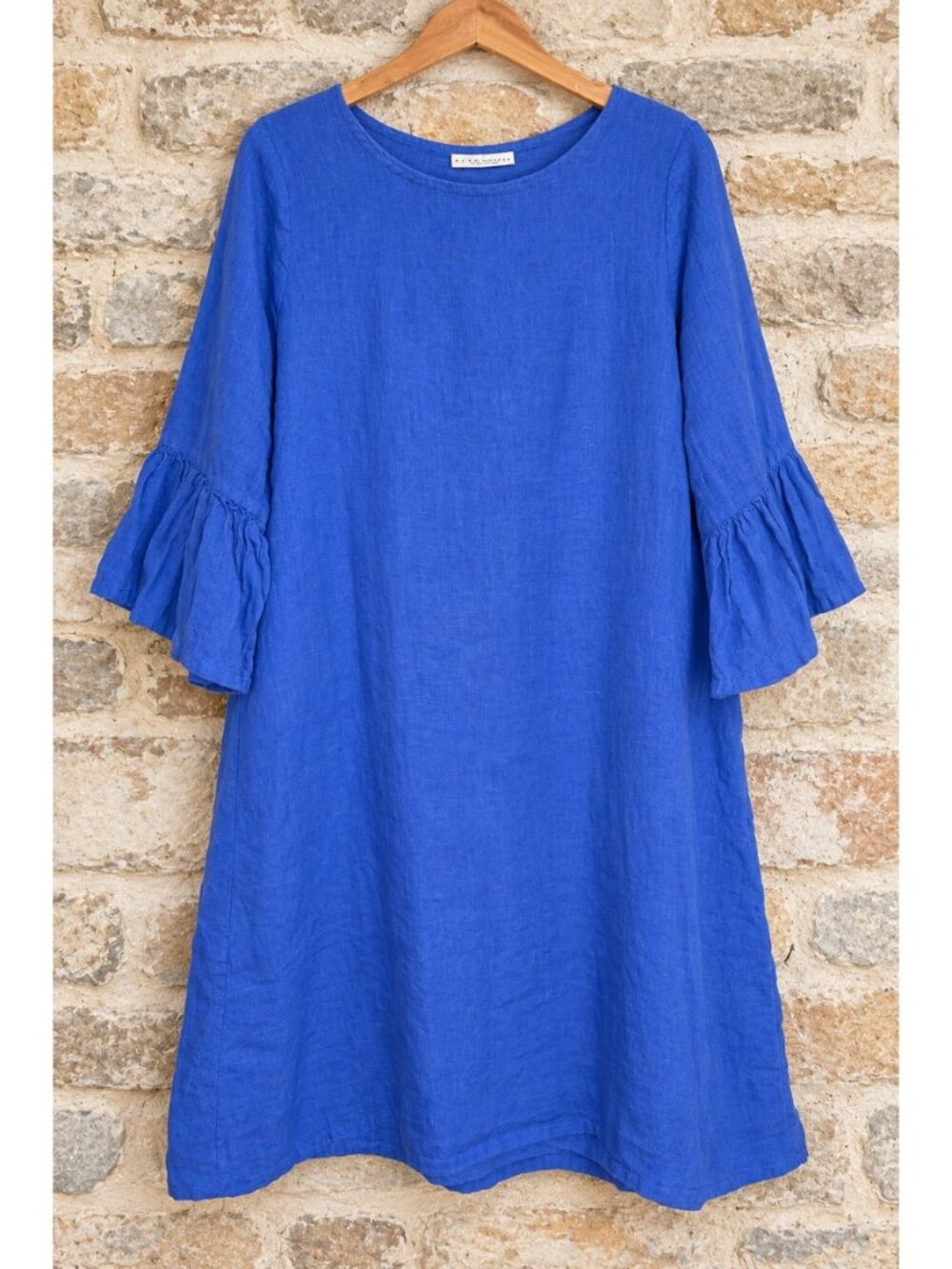 Bryn Walker XXS 100% Linen Blue Tunic Dress Oversized Flare Ruffle 3/4 Sleeve US